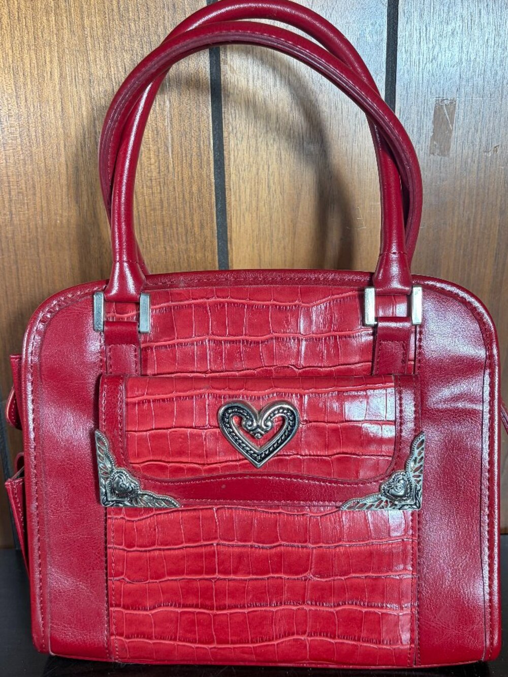 Vintage Brighton Red Faux Leather Handbag with Heart & Strap Attachment - VGC